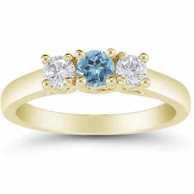 Three Stone Blue Topaz and Diamond Ring, 14K Gold -  - AOGRG-608BTDY