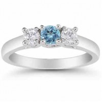 Three Stone Blue Topaz and Diamond Ring, 14K White Gold