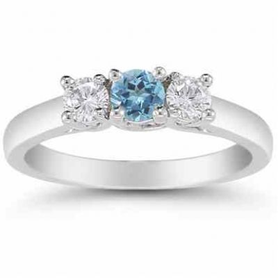 Three Stone Blue Topaz and Diamond Ring, 14K White Gold -  - AOGRG-608BTDW