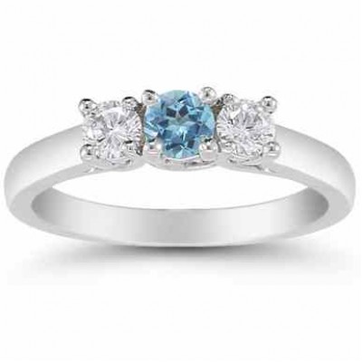 Three Stone Blue Topaz and Diamond Ring, 14K White Gold - - AOGRG-608BTDW Three Stone Blue Topaz and Diamond Ring, 14K White Gold - - AOGRG-608BTDW