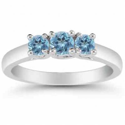 Three Stone Blue Topaz Ring, 14K White Gold -  - AOGRG-608BTW