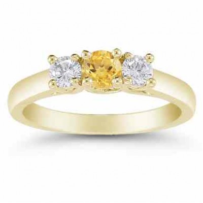 Three Stone Citrine and Diamond Ring, 14K Gold - - AOGRG-608CTDY Three Stone Citrine and Diamond Ring, 14K Gold - - AOGRG-608CTDY