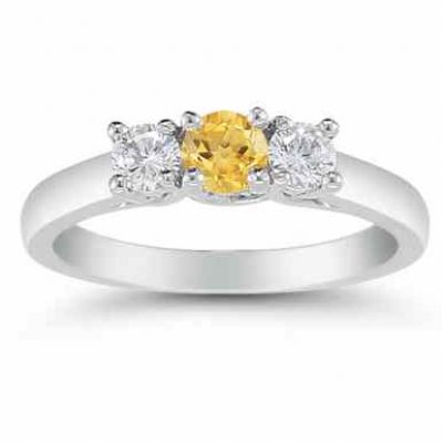 Three Stone Citrine and Diamond Ring, 14K White Gold -  - AOGRG-608CTDW