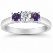 Three Stone Diamond and Amethyst Ring in 14K White Gold