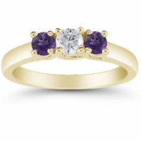 Three Stone Diamond and Amethyst Ring in 14K Yellow Gold