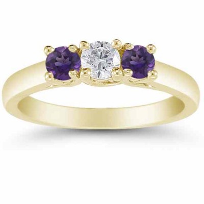 Three Stone Diamond and Amethyst Ring in 14K Yellow Gold - - AOGRG-608AMDY Three Stone Diamond and Amethyst Ring in 14K Yellow Gold - - AOGRG-608AMDY