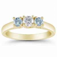 Three Stone Diamond and Aquamarine Ring, 14K Gold