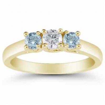 Three Stone Diamond and Aquamarine Ring, 14K Gold -  - AOGRG-608DAQY
