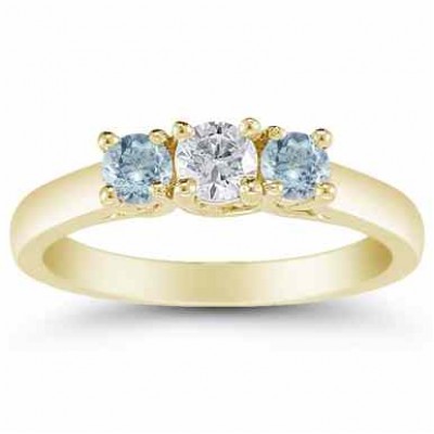 Three Stone Diamond and Aquamarine Ring, 14K Gold - - AOGRG-608DAQY Three Stone Diamond and Aquamarine Ring, 14K Gold - - AOGRG-608DAQY