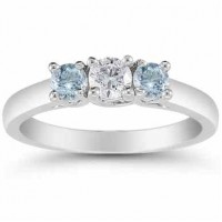 Three Stone Diamond and Aquamarine Ring, 14K White Gold