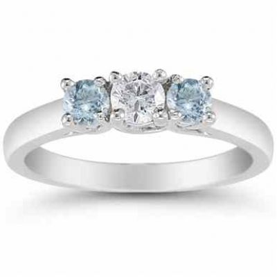 Three Stone Diamond and Aquamarine Ring, 14K White Gold -  - AOGRG-608DAQW