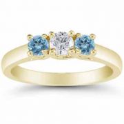 Three Stone Diamond and Blue Topaz Ring, 14K Gold