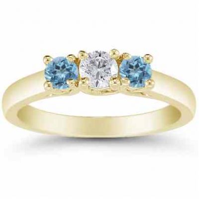 Three Stone Diamond and Blue Topaz Ring, 14K Gold -  - AOGRG-608DBTY