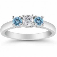 Three Stone Diamond and Blue Topaz Ring, 14K White Gold