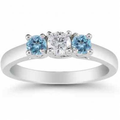 Three Stone Diamond and Blue Topaz Ring, 14K White Gold -  - AOGRG-608DBTW