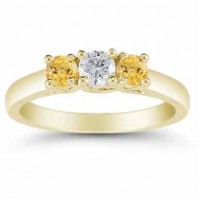 Three Stone Diamond and Citrine Ring, 14K Gold