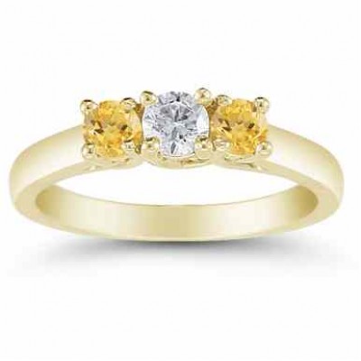 Three Stone Diamond and Citrine Ring, 14K Gold - - AOGRG-608DCTY Three Stone Diamond and Citrine Ring, 14K Gold - - AOGRG-608DCTY