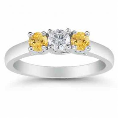 Three Stone Diamond and Citrine Ring, 14K White Gold -  - AOGRG-608DCTW