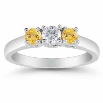 Three Stone Diamond and Citrine Ring, 14K White Gold -  - AOGRG-608DCTW