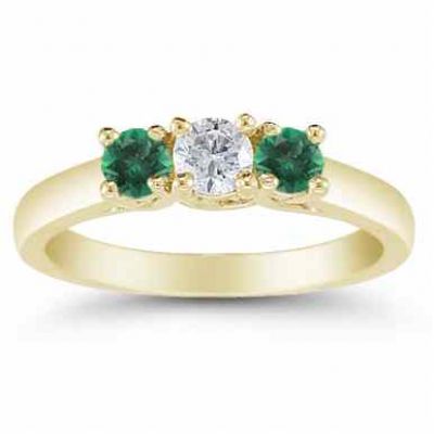 Three Stone Diamond and Emerald Ring, 14K Gold -  - AOGRG-608DEMY
