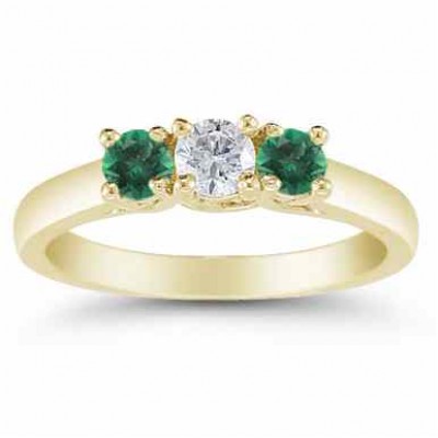 Three Stone Diamond and Emerald Ring, 14K Gold - - AOGRG-608DEMY Three Stone Diamond and Emerald Ring, 14K Gold - - AOGRG-608DEMY