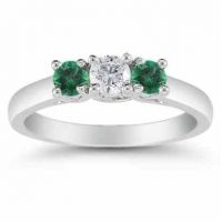 Three Stone Diamond and Emerald Ring, 14K White Gold