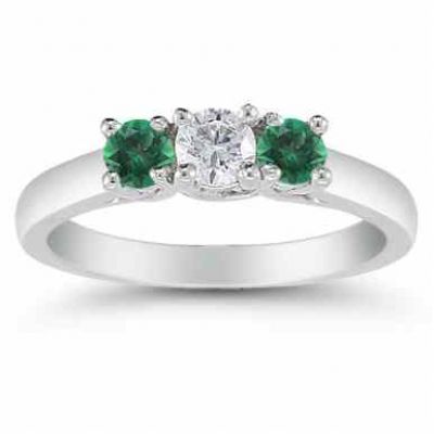 Three Stone Diamond and Emerald Ring, 14K White Gold -  - AOGRG-608DEMW