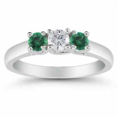 Three Stone Diamond and Emerald Ring, 14K White Gold - - AOGRG-608DEMW Three Stone Diamond and Emerald Ring, 14K White Gold - - AOGRG-608DEMW