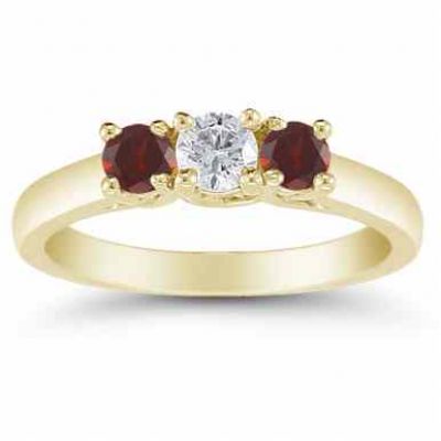 Three Stone Diamond and Garnet Ring, 14K Gold -  - AOGRG-608DGTY