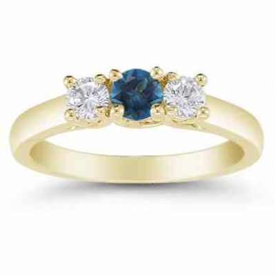 Three Stone Diamond and London Blue Topaz Ring, 14K Gold -  - AOGRG-608LBTDY