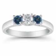 Three Stone Diamond and London Blue Topaz Ring, 14K White Gold