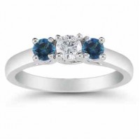Three Stone Diamond and London Blue Topaz Ring, 14K White Gold