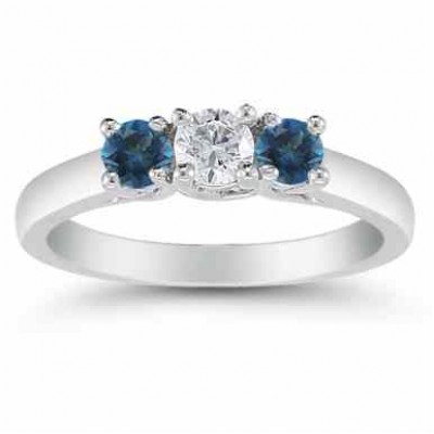 Three Stone Diamond and London Blue Topaz Ring, 14K White Gold - - AOGRG-608DLBTW Three Stone Diamond and London Blue Topaz Ring, 14K White Gold - - AOGRG-608DLBTW