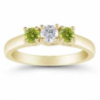 Three Stone Diamond and Peridot Ring, 14K Gold Three Stone Diamond and Peridot Ring, 14K Gold