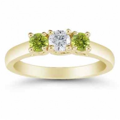 Three Stone Diamond and Peridot Ring, 14K Gold - - AOGRG-608DPDY Three Stone Diamond and Peridot Ring, 14K Gold - - AOGRG-608DPDY