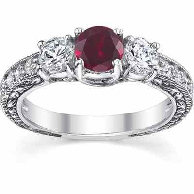 Three Stone Diamond and Ruby Floret Engagement Ring, 14K White Gold -  - QDR-6-DRB