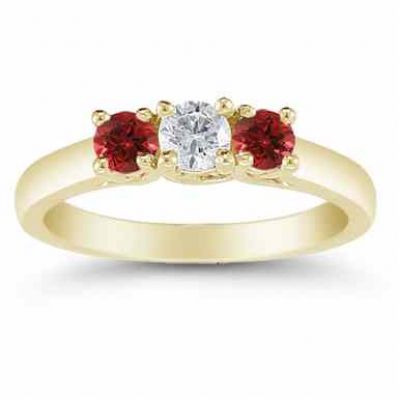 Three Stone Diamond and Ruby Ring, 14K Gold -  - AOGRG-608DRBY