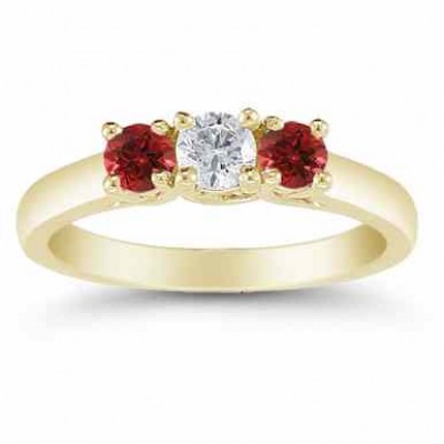 Three Stone Diamond and Ruby Ring, 14K Gold - - AOGRG-608DRBY Three Stone Diamond and Ruby Ring, 14K Gold - - AOGRG-608DRBY