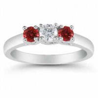 Three Stone Diamond and Ruby Ring, 14K White Gold