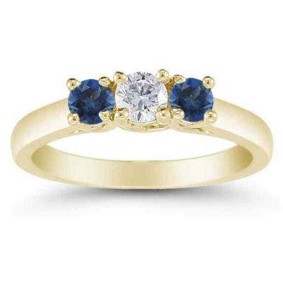 Three Stone Diamond and Sapphire Ring, 14K Gold -  - AOGRG-608DSPY