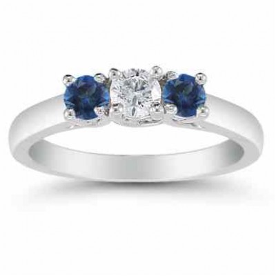 Three Stone Diamond and Sapphire Ring, 14K White Gold -  - AOGRG-608DSPW