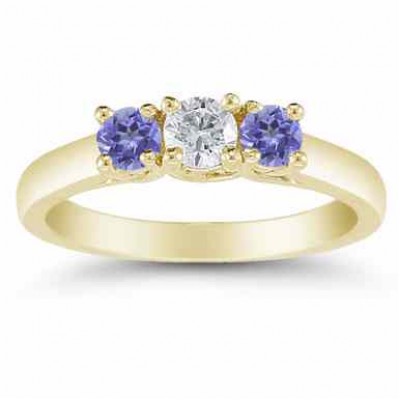 Three Stone Diamond and Tanzanite Ring, 14K Gold -  - AOGRG-608DTZY
