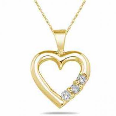 Three Stone Diamond Heart Pendant in 10K Yellow Gold -  - PDH7780