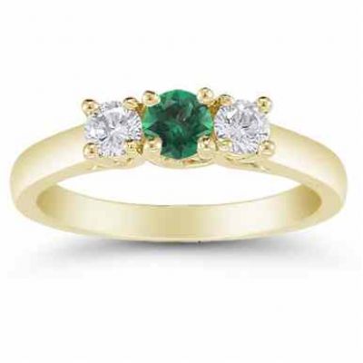 Three Stone Emerald and Diamond Ring, 14K Gold -  - AOGRG-608EMDY