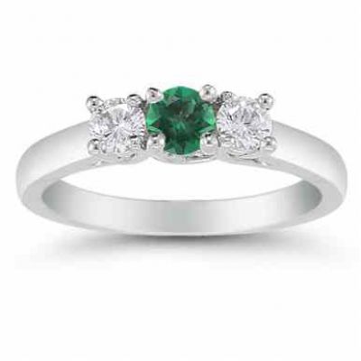 Three Stone Emerald and Diamond Ring, 14K White Gold -  - AOGRG-608EMDW