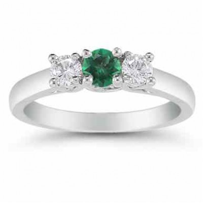 Three Stone Emerald and Diamond Ring, 14K White Gold - - AOGRG-608EMDW Three Stone Emerald and Diamond Ring, 14K White Gold - - AOGRG-608EMDW