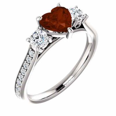 Three Stone Garnet Heart and Diamond Engagement or Anniversary Ring -  - STLRG-122875GTD