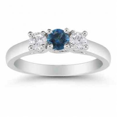 Three Stone London Blue Topaz and Diamond Ring, 14K White Gold -  - AOGRG-608LBTDW