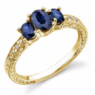 Three Stone Oval Blue Sapphire Engraved Design Ring, 14K Yellow Gold -  - QG-Y4414SY
