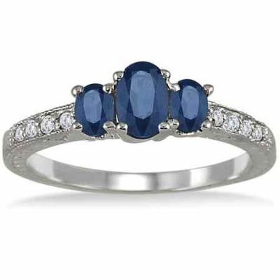 Three-Stone Oval Sapphire Diamond Ring, 14K White Gold -  - PRR7464SP